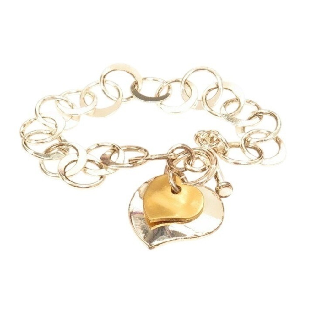 STERLING‎ SILVER VERMEIL TWO TONE HEART TOGGLE WIDE CHARM BRACELET 16.7GRAMS